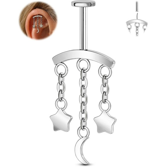 OUFER Vertical Helix Earring Hidden Star Chain Flat Back Earring Threadless Cartilage Stud Dangle Vertical Rook Tragus Earrings For Women Men Steel