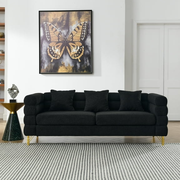OUGRAZ 3 Seater Teddy Couch with 3 Pillows,Modern Living Room Sofa with Stylish Gold Metal Legs,Deep Seat Sofa,Luxury Couch,81"x32"x28",Black