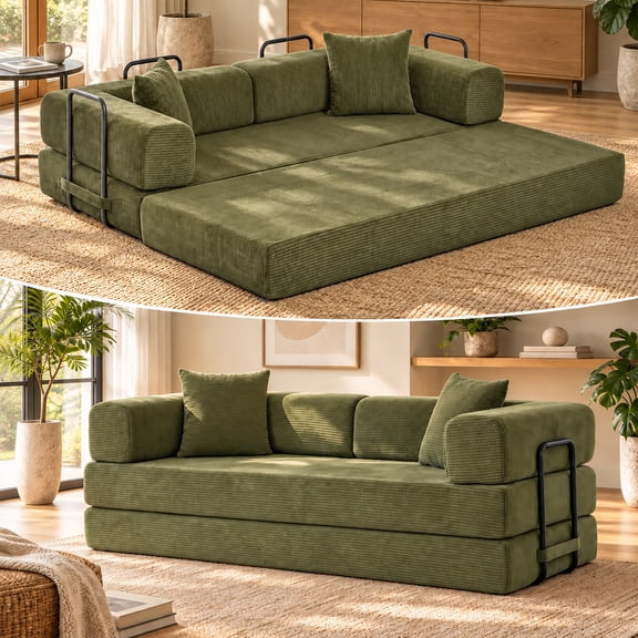 OUGRAZ 76.4" Convertible Sofa Bed, Boneless Couch for Living Room, No Assembly Sleep Sofa Bed, Green