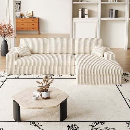 OUGRAZ L Shaped Modular Sectional Couch,Modern Reversible Corduroy Couch with Pillows,Stripe Sofa with Deep Seat,Simple Sofa for Living Room,Beige