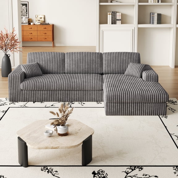 OUGRAZ L Shaped Modular Sectional Couch,Modern Reversible Corduroy Couch with Pillows,Stripe Sofa with Deep Seat,Simple Sofa for Living Room,Gray
