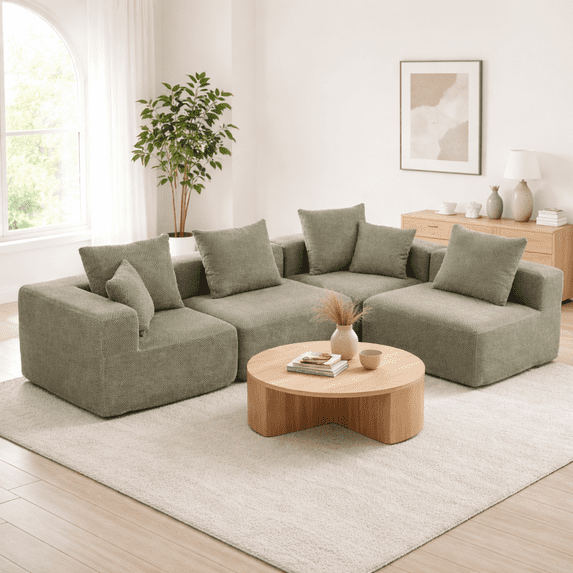 OUGRAZ Modern Modular Sectional Sofa, Compressed Cloud Couch with Deep Seat, Soft Upholstered Living Room Sofa, No Assembly Floor Sofa for Apartment Home-Brown