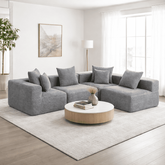 OUGRAZ Modern Modular Sectional Sofa, Compressed Cloud Couch with Deep Seat, Soft Upholstered Living Room Sofa, No Assembly Floor Sofa for Apartment Home-Gray