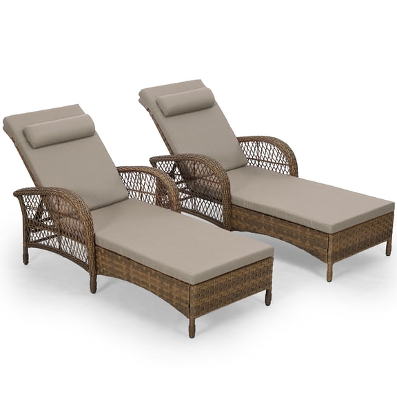 OUINCH 2-Piece Outdoor Wicker Lounge Chairs with Cushion, Rattan Patio Chaise Loungers with 6-Level Backrest, All Weather Lay Flat Pool Sunbathing Recliner Chair, Armrest and Head Pillow, Beige