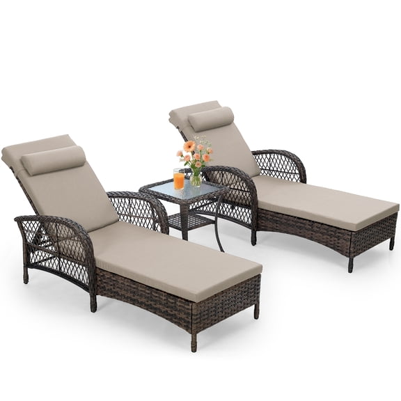 OUINCH 3-Piece Outdoor Wicker Lounge Chair Set, Patio Chaise Loungers Set of 2 w/Side Table, 6-Position Adjustable Poolside Sunbathing Recliner, Armrest and Head Pillow, Fade-Resistant, Beige
