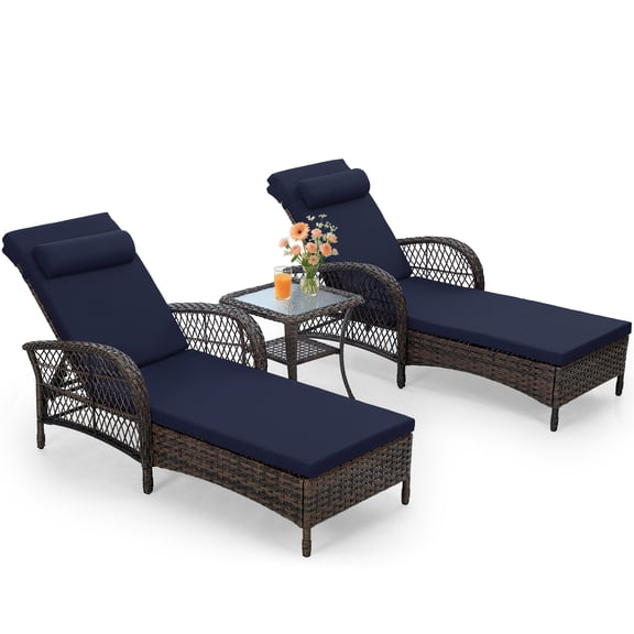 OUINCH 3-Piece Outdoor Wicker Lounge Chair Set, Patio Chaise Loungers Set of 2 w/Side Table, 6-Position Adjustable Poolside Sunbathing Recliner, Armrest and Head Pillow, Fade-Resistant, Navy Blue