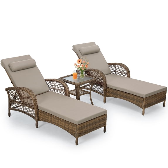 OUINCH 3-Piece Outdoor Wicker Lounge Chair Set, Patio Chaise Loungers Set of 2 w/Side Table, 6-Position Adjustable Poolside Sunbathing Recliner, Armrest and Head Pillow, Fade-Resistant, Beige