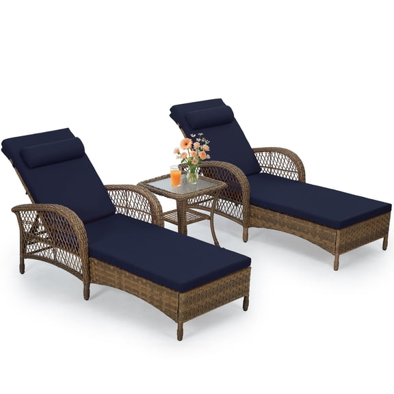 OUINCH 3-Piece Outdoor Wicker Lounge Chair Set, Patio Chaise Loungers Set of 2 w/Side Table, 6-Position Adjustable Poolside Sunbathing Recliner, Armrest and Head Pillow, Fade-Resistant, Navy Blue
