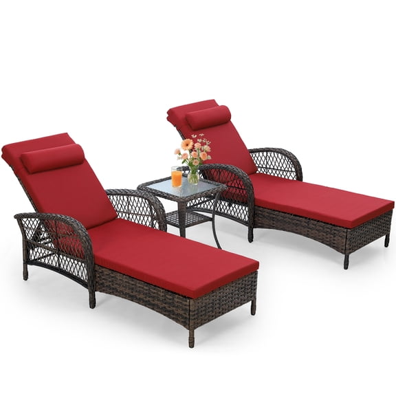 OUINCH 3-Piece Outdoor Wicker Lounge Chair Set, Patio Chaise Loungers Set of 2 w/Side Table, 6-Position Adjustable Poolside Sunbathing Recliner, Armrest and Head Pillow, Fade-Resistant, Red