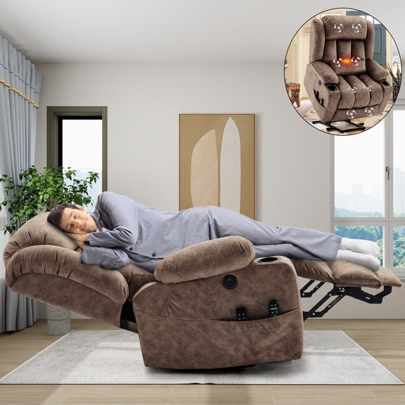 OUINCH Dual Motor Power Lift Recliner for Big Elderly, Extended Footrest, Large Infinite Position Lay Flat Chair for Living Room with Massage & Heat, Lumbar Pillow, USB & Type-C Ports, Plush-Brown