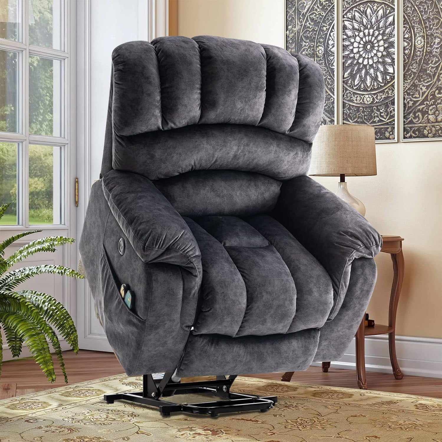 OUINCH Large Power Lift Recliner Chair with Massage and Heat for Elderly Big Man Extra Wide Oversized Electric Recliner with 2 Remote Controls 2 USB Ports 2 Side Pockets 350lbs