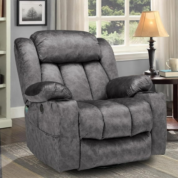 OUINCH Manual 360 Degree Swivel Glider Rocker Recliner Chair with Massage and Heat, USB Ports, Side Pockets and Cup Holders, Velvet Fabric (Grey)