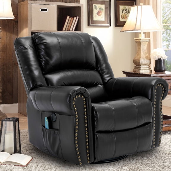 OUINCH Manual 360 Degree Swivel Glider Rocker Recliner Chair with Massage and Heat, USB Ports and 2 Side Pockets, Faux Leather, Black