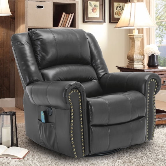 OUINCH Manual 360 Degree Swivel Glider Rocker Recliner Chair with Massage and Heat, USB Ports and 2 Side Pockets, Faux Leather, Grey