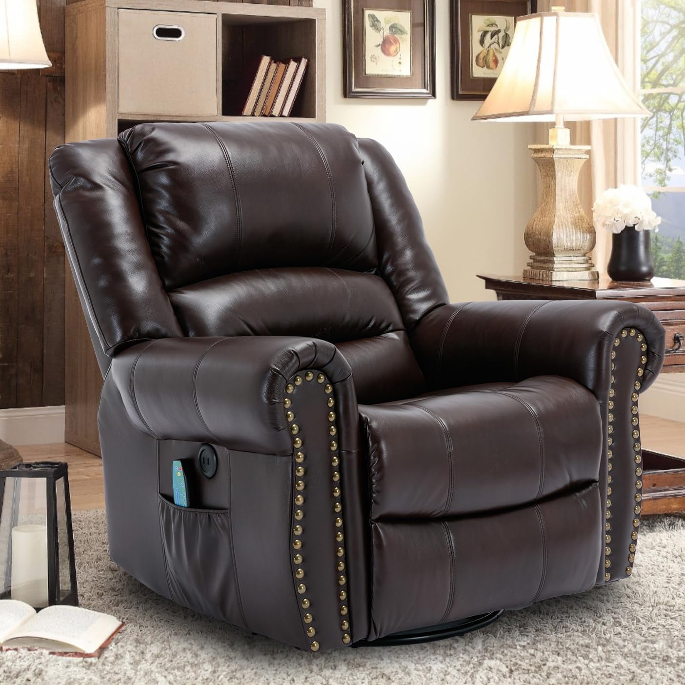 OUINCH Manual 360° Swivel Rocker Recliner Chair with USB Ports, Faux Leather, Dark Brown