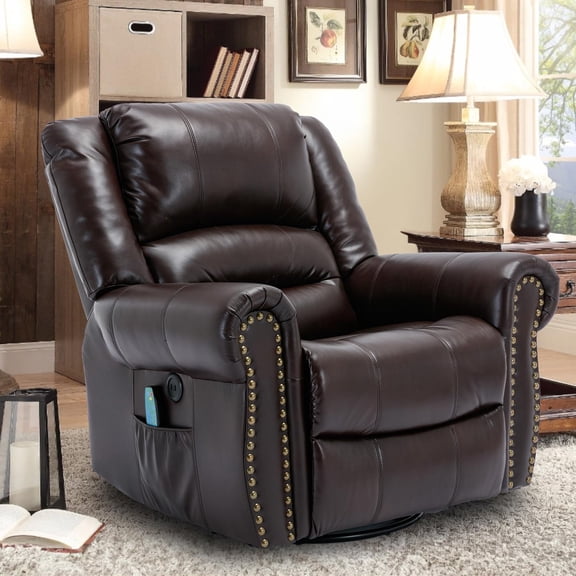 OUINCH Manual 360° Swivel Rocker Recliner Chair with USB Ports, Faux Leather, Dark Brown