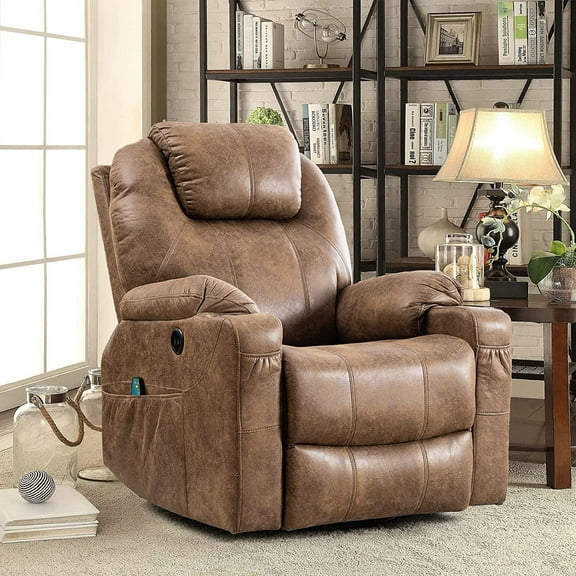 OUINCH Manual Swivel Glider Rocker Recliner Chair with Massage and Heat, 2 USB Ports, 2 Cup Holders, 2 Side Pockets and 2 Front Pockets