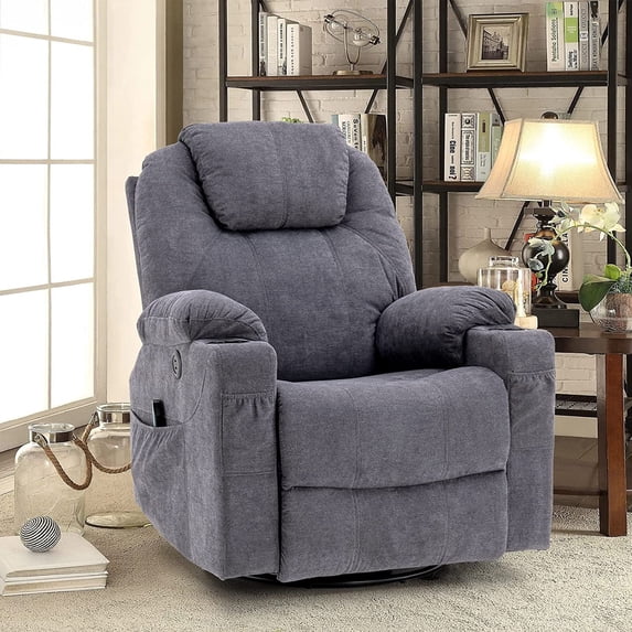OUINCH Manual Swivel Glider Rocker Recliner Chair with Massage and Heat, 2 USB Ports, 2 Cup Holders, 2 Side Pockets and 2 Front Pockets