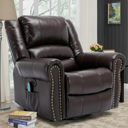 OUINCH Manual Swivel Glider Rocker Recliner Chair with Massage and Heat, USB Ports and 2 Side Pockets, Dark Brown