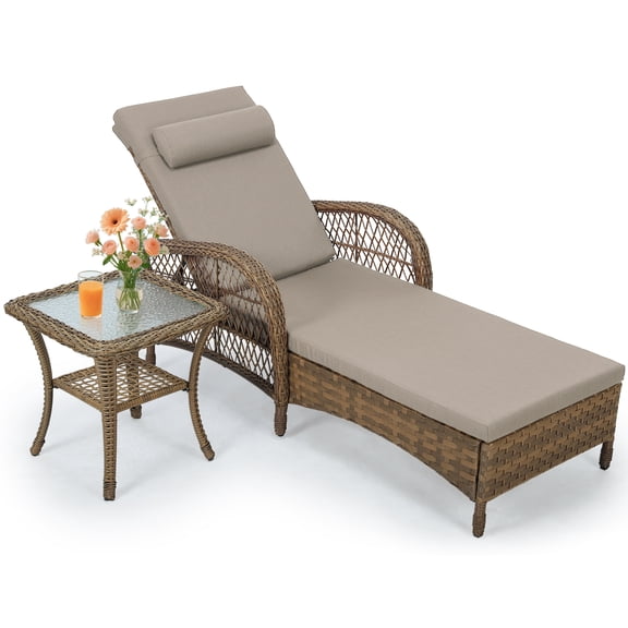 OUINCH Outdoor Wicker Lounge Chair Set, 6-Position Adjustable Patio Chaise Lounge w/Side Table, All Weather Lay Flat Pool Sunbathing Recliner, Armrest & Head Pillow, Fade-Resistant, Beige