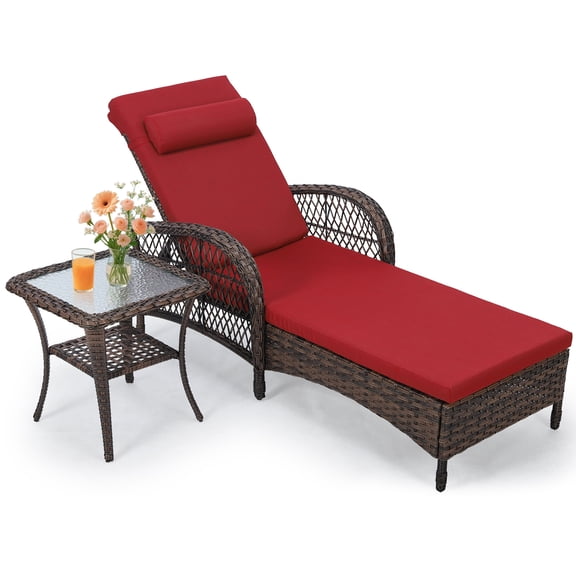 OUINCH Outdoor Wicker Lounge Chair Set, 6-Position Adjustable Patio Chaise Lounge w/Side Table, All Weather Lay Flat Pool Sunbathing Recliner, Armrest & Head Pillow, Fade-Resistant, Red
