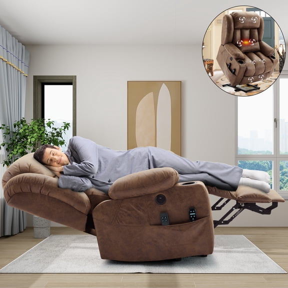 OUINCH Oversized Dual Motor Power Lift Recliner for Elderly, Extended Footrest, Large Infinite Position Lay Flat Chair for Living Room with Massage & Heat, Lumbar Pillow, USB & Type-C Ports, Brown