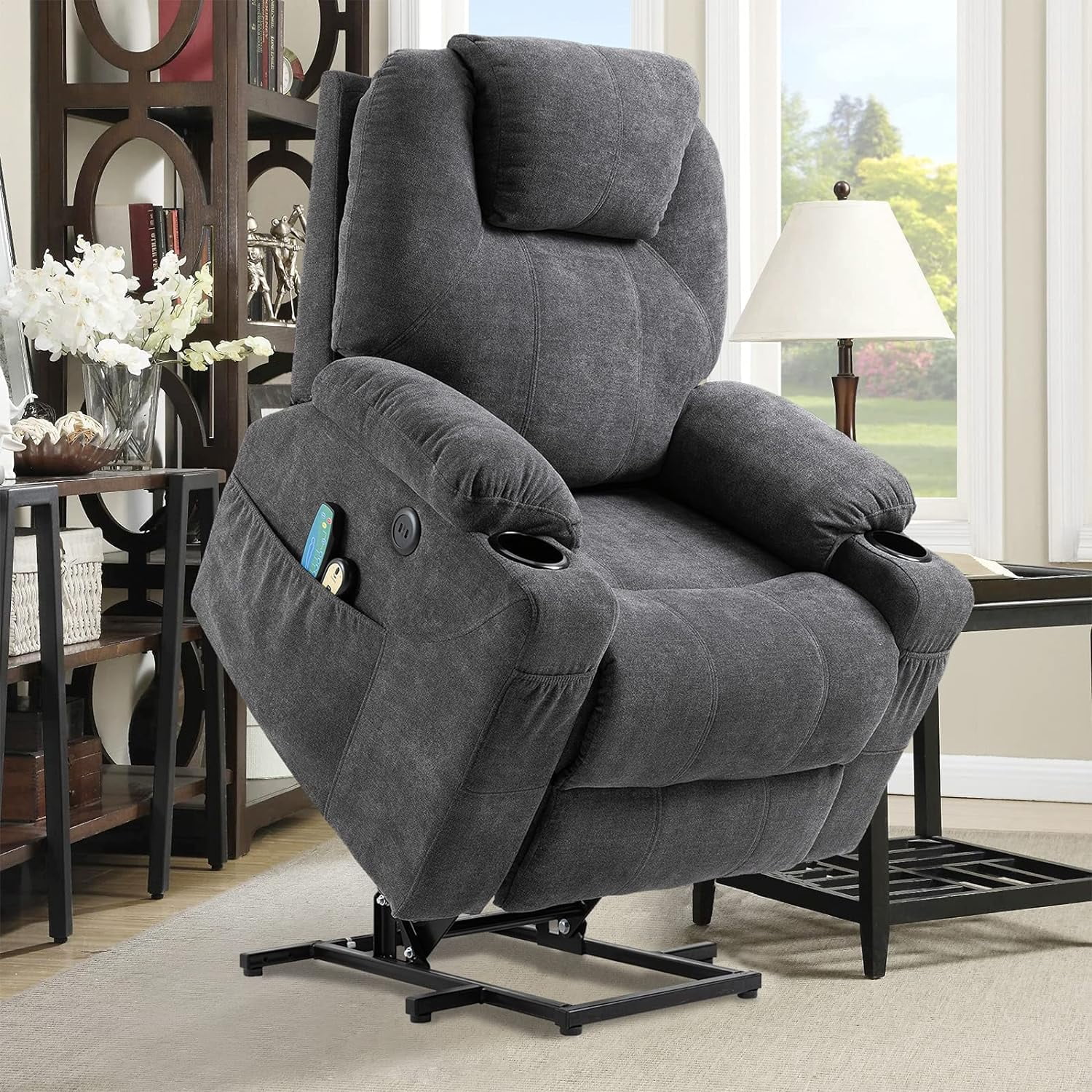 OUINCH Power Lift Recliner Chair, Electric Massage & Heated, Fabric with USB & Cup Holders, Grey