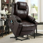 OUINCH Power Lift Recliner Chair for Elderly, Electric Massage Heated Recliner Chair, Faux Leather Lift Chair with 2 Remote Controls, USB Ports, Cup Holders & Side Pockets for Living Room (Brown)
