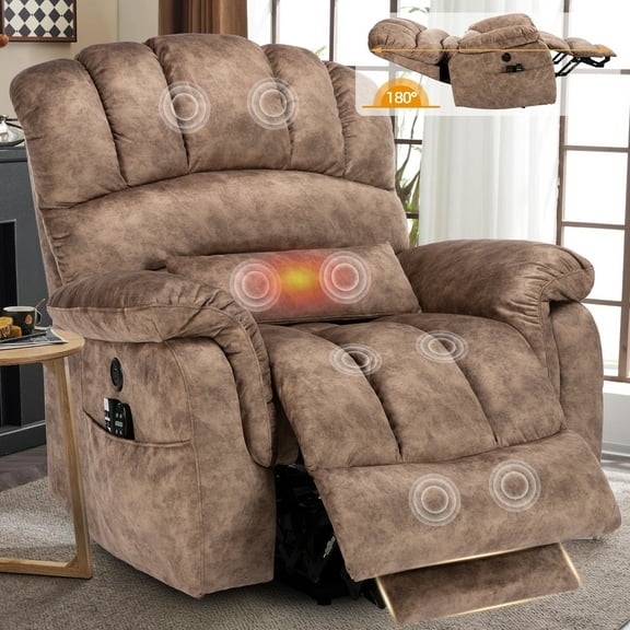 OUINCH Tall Man Oversized Dual Motor Power Lift Recliner w/Heat Massage, Large Lay Flat Sleeper Electric Recliner with Extended Footrest for Elderly, Lumbar Pillow, USB & Type-C Ports, Plush-Brown