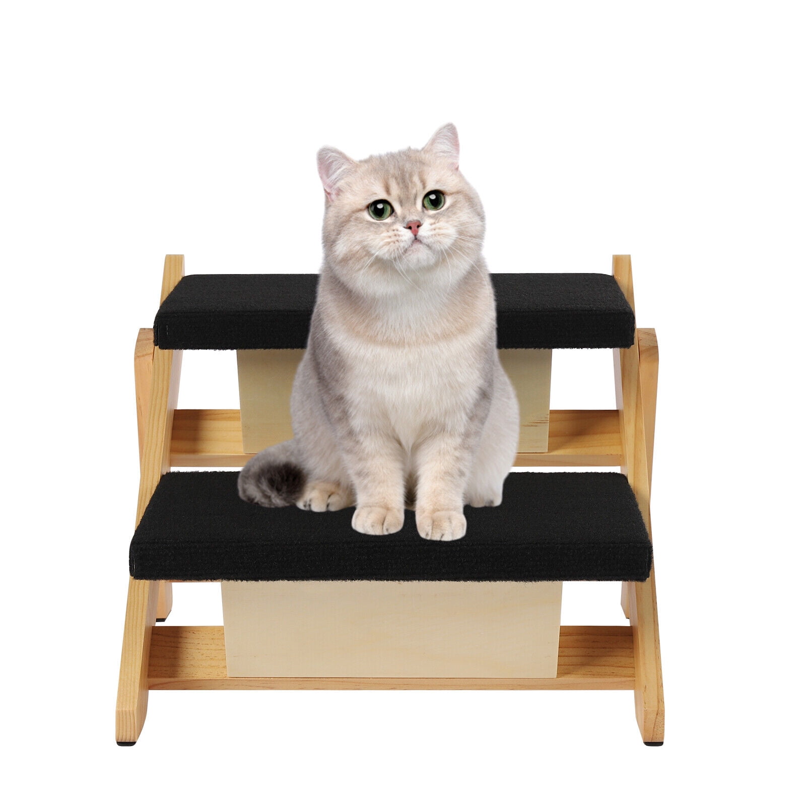 OUKANING 2 Levels Foldable Wooden Pet Ladder Freestanding Cat Dog Wood