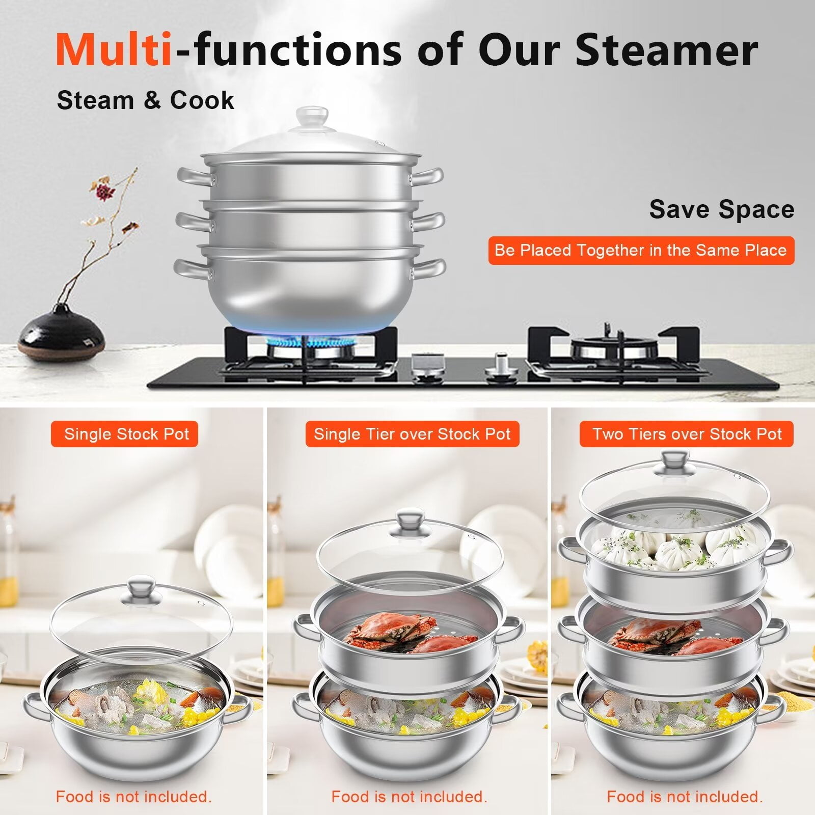  WUWEOT 11 Steamer Pot, 3 Tier Stainless Steel Steaming Pot Dim  Sum Cookware, Food Vegetable Cooking Pan With Stackable Pan Insert/Lid for  Vegetable, Dumpling, Stock, Sauce, Food: Home & Kitchen