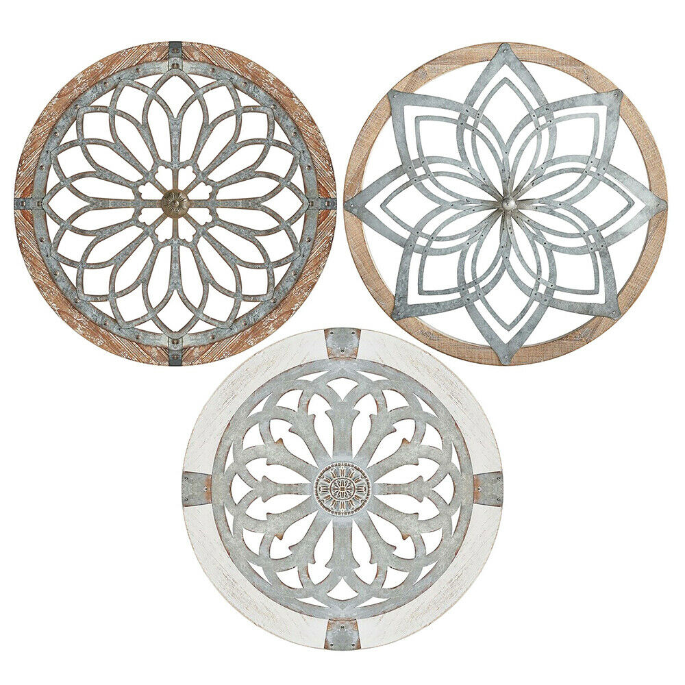 OUKANING 3 pcs Hanging Round Plaque Medallion Carved Wood Rustic Wall