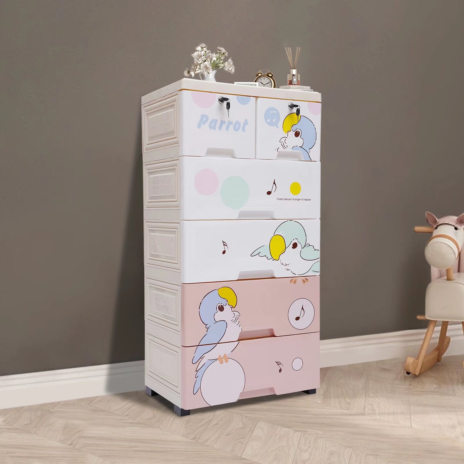 OUKANING 5Layer Rolling Parrot Plastic Storage Dresser 6 Drawers