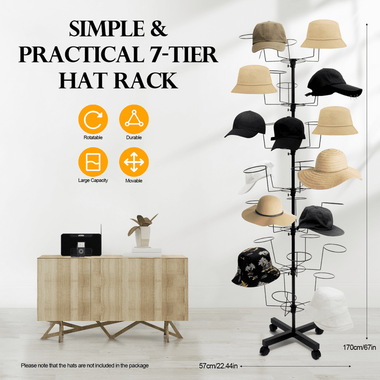 Oukaning 7 Tiers Hat Display Retail Hat Rack Spinner Stand Adjustable 35 Hats US, Size: One size, Black