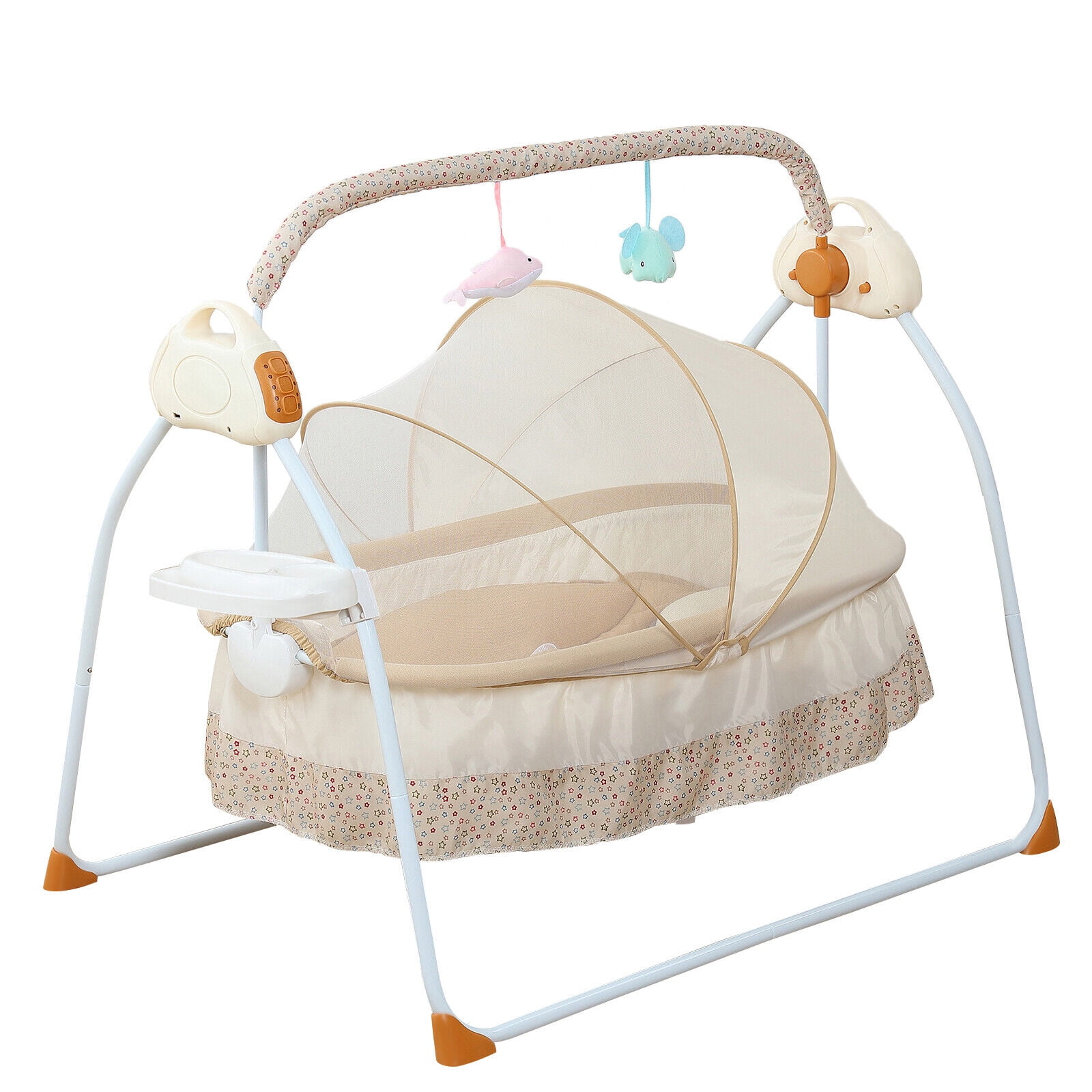 OUKANING Khaki Electric Cradle Foldable Baby Swings Bed with Safety