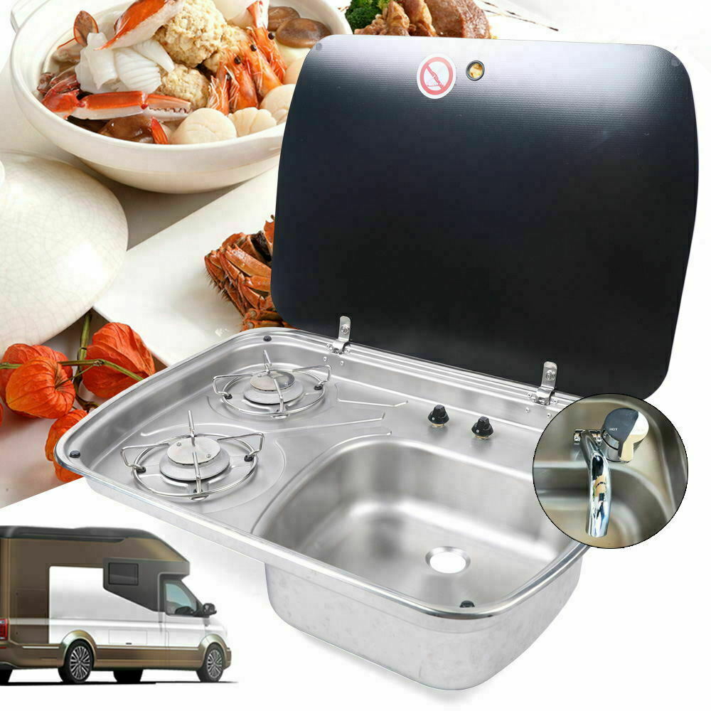 OUKANING RV Boat Caravan Camper 2 Burner Gas Stove Hob Sink Combo W/4mm
