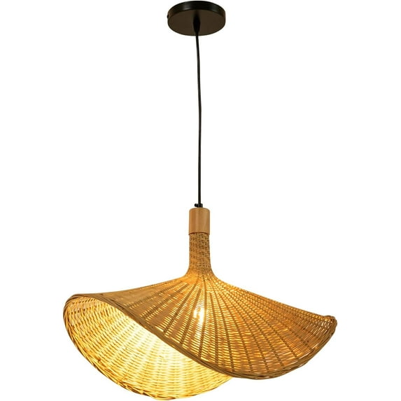 OUKANING Rattan Pendant Light Fixture- Straw Hat Shape Rustic Farmhouse Hanging Light Bamboo Handwoven 1-Light Hanging Lamp (Excluding Light Bulb) E26, for Farmhouse Island Living Room Dining Room