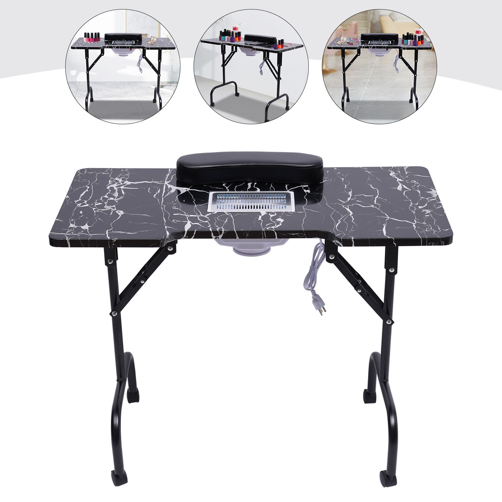 OUKANING Rolling Portable Manicures Desk Folding Nail Table Home Spa
