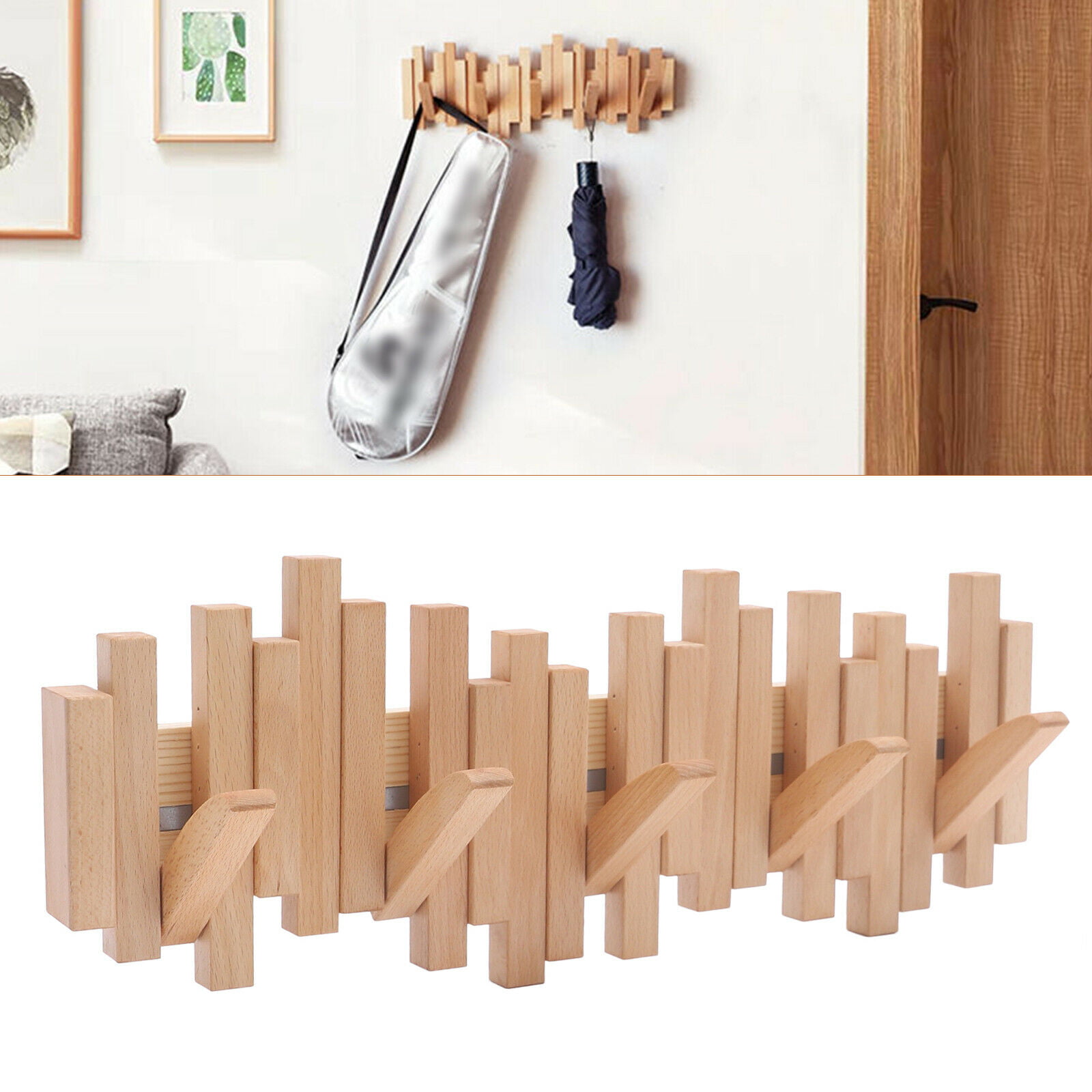 OUKANING Solid Wood Coat Rack 5 Hooks Wall Mounted Coat Rack Suitable for  Coats Bags Hats Umbrellas