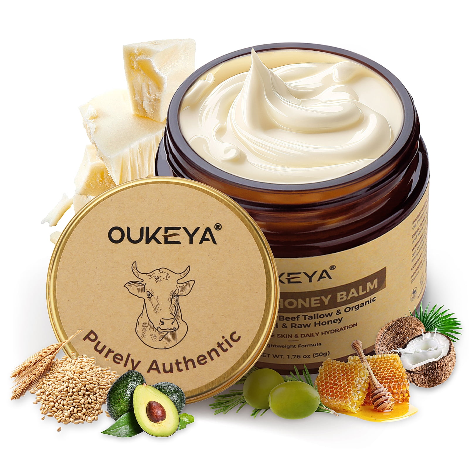 Oukeya Grass-Fed Beef Tallow Balm Cream with Olive Oil and Raw Honey, 1.76 oz