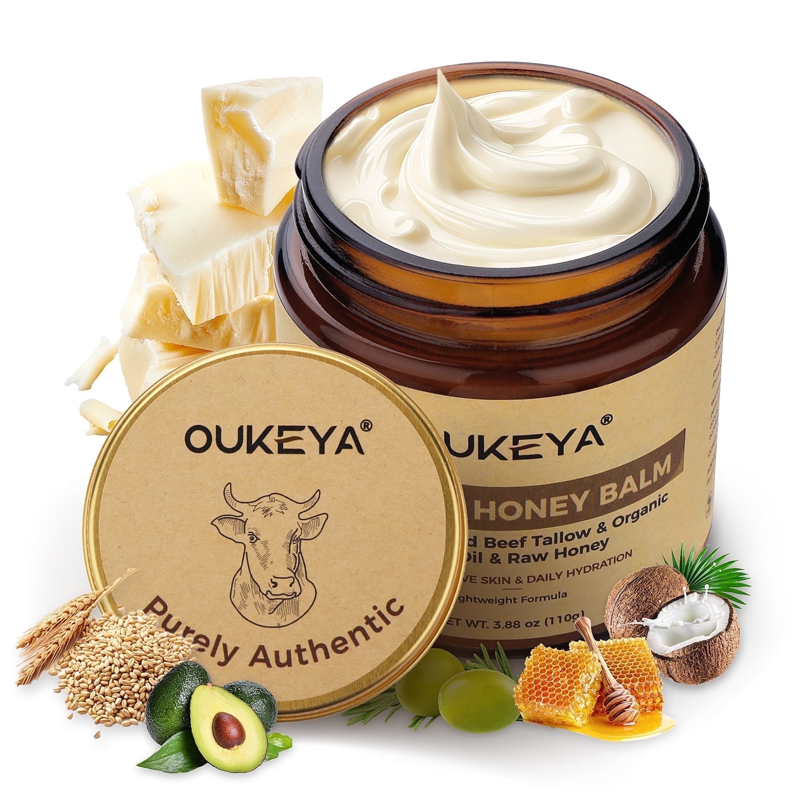 OUKEYA Honey Balm Moisturizer with Grass-Fed Beef Tallow, Olive Oil & Raw Honey, 3.87 oz
