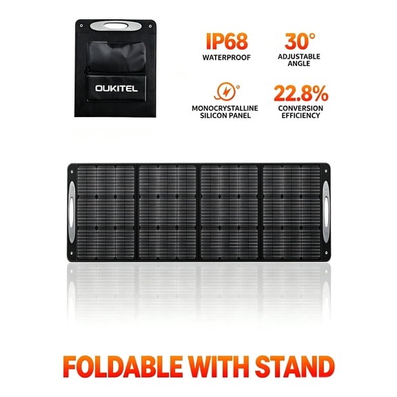 OUKITEL 200W Foldable Solar Panel, IP68 Waterproof & Dustproof, High-Efficiency Monocrystalline, Includes Storage Stand, Supports Series/Parallel Connection for Fast Charging OUKITEL Power Stations