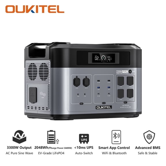 Oukitel BP2000 Pro 2048Wh Solar Generator, 3300W 1.5H AC Charge 2.5H Solar App Control Home Backup Power for Hurricane Emergency, Camping, RV & Job Site