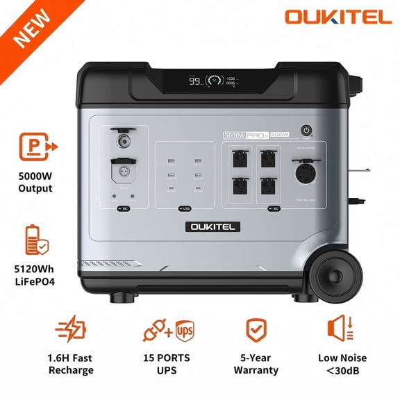 OUKITEL BP5000 Pro Max 5000W Portable Power Station, 5120Wh LiFePO4, 120V/240V, Expandable to 19kWh, 1.6H Fast Charge, UPS, Home Emergency RV Camping