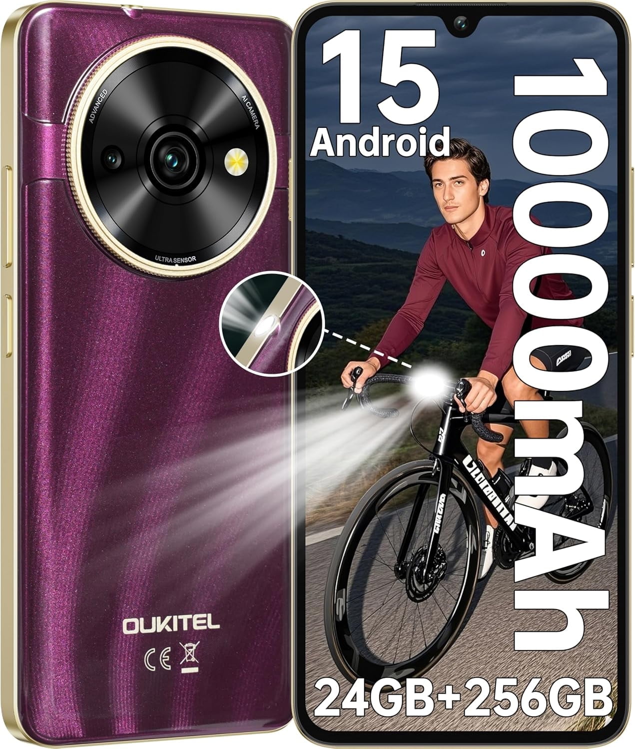 OUKITEL C59 Pro SE Unlocked Android Phones - 6.88”HD+ Display Android 15 10000 mAh Battery 24GB +256GB/1TB TF Cell Phone with 120LM Flashlight, NFC 13MP Camera Smartphone, OTG/Fingerprint/4G Dual SIM