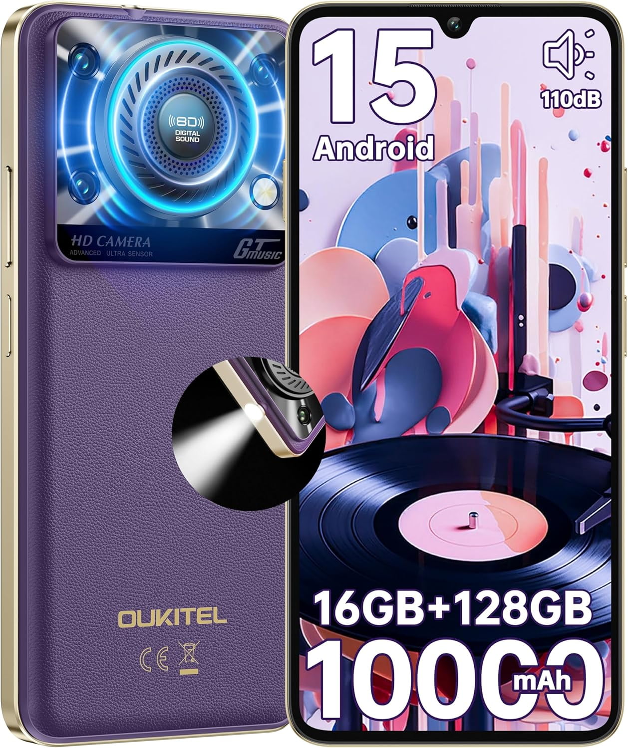 OUKITEL C60 Cell Phones Unlocked Android 15-10000 mAh Battery 16GB +128GB/1TB TF Android Phones, 6.88”HD+ Display 13MP Camera 110dB Speaker Smartphone, 120LM Flashlight/Fingerprint/OTG/4G Dual SIM