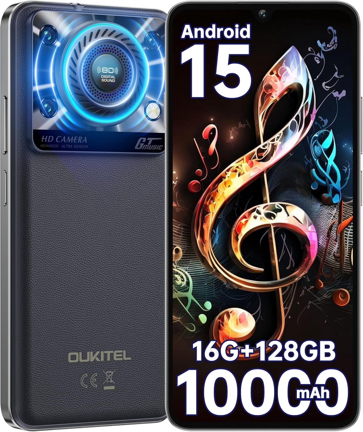 OUKITEL C60 Unlocked Android Phones Android 15-10000 mAh Battery 16GB +128GB/1TB TF 110dB Speaker Cell Phone, 6.88”HD+ Display 13MP Camera 120LM Flashlight Smartphone,/Fingerprint/4G Dual SIM/OTG