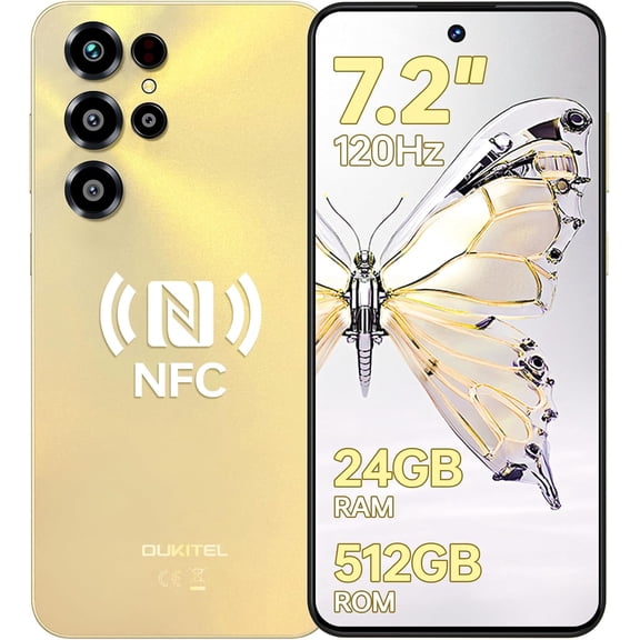 OUKITEL C68 Unlocked Cell Phone -7.2''120Hz Display, 24GB+512GB Smartphone, 6000mAh Battery Phones, 64MP+8MP Camera, Android 15 Mobile Phone, 4G Dual SIM/Fingerprint/Face ID/GPS/NFC/BT5.0, Gold