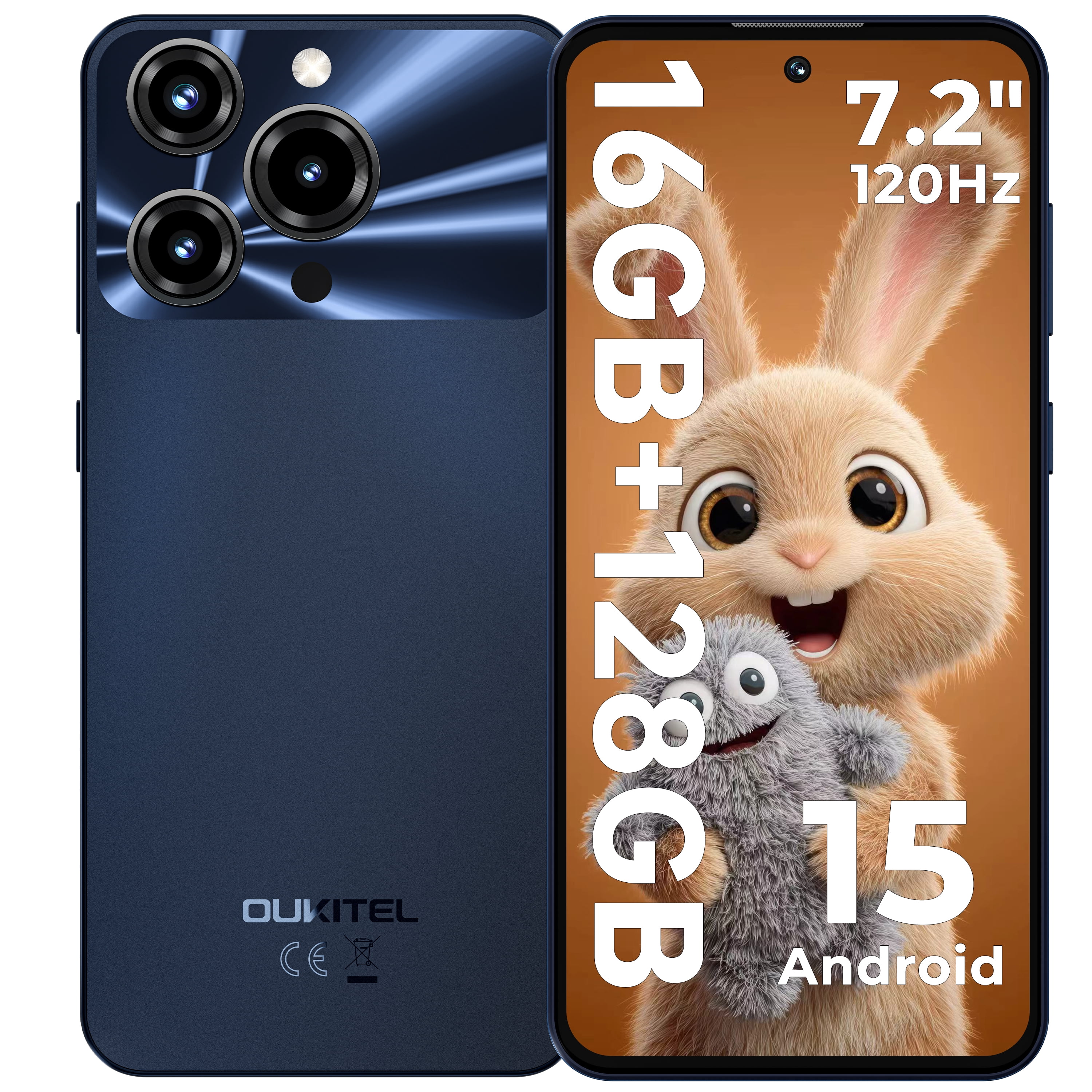 OUKITEL C69 Unlocked Smartphone, 7.2" HD 120Hz Large Display, 6000mAh Battery, 16GB RAM 128GB ROM (1TB Expandable), 64MP Camera, Android 15, Dual SIM 4G Cell Phone