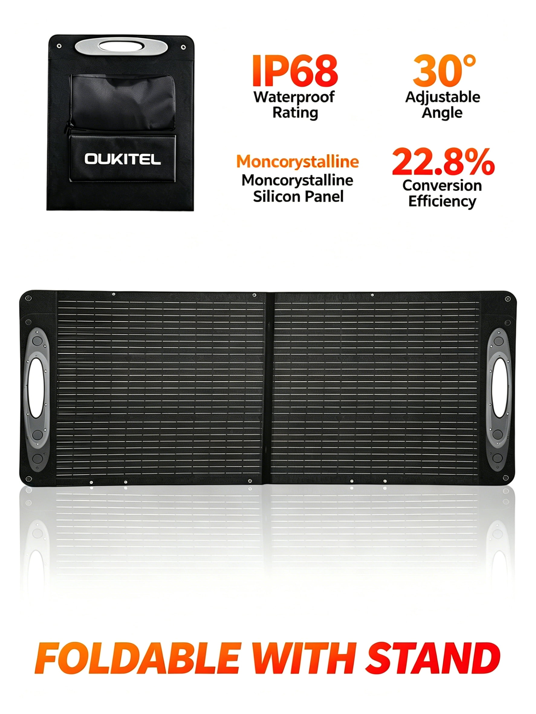 OUKITEL FFPOWER 100W Solar Panel Foldable IP68 Waterproof and Dustproof Monocrystalline Solar Panel High Conversion Efficiency Includes Storage Stand Supports Series/Parallel Connection